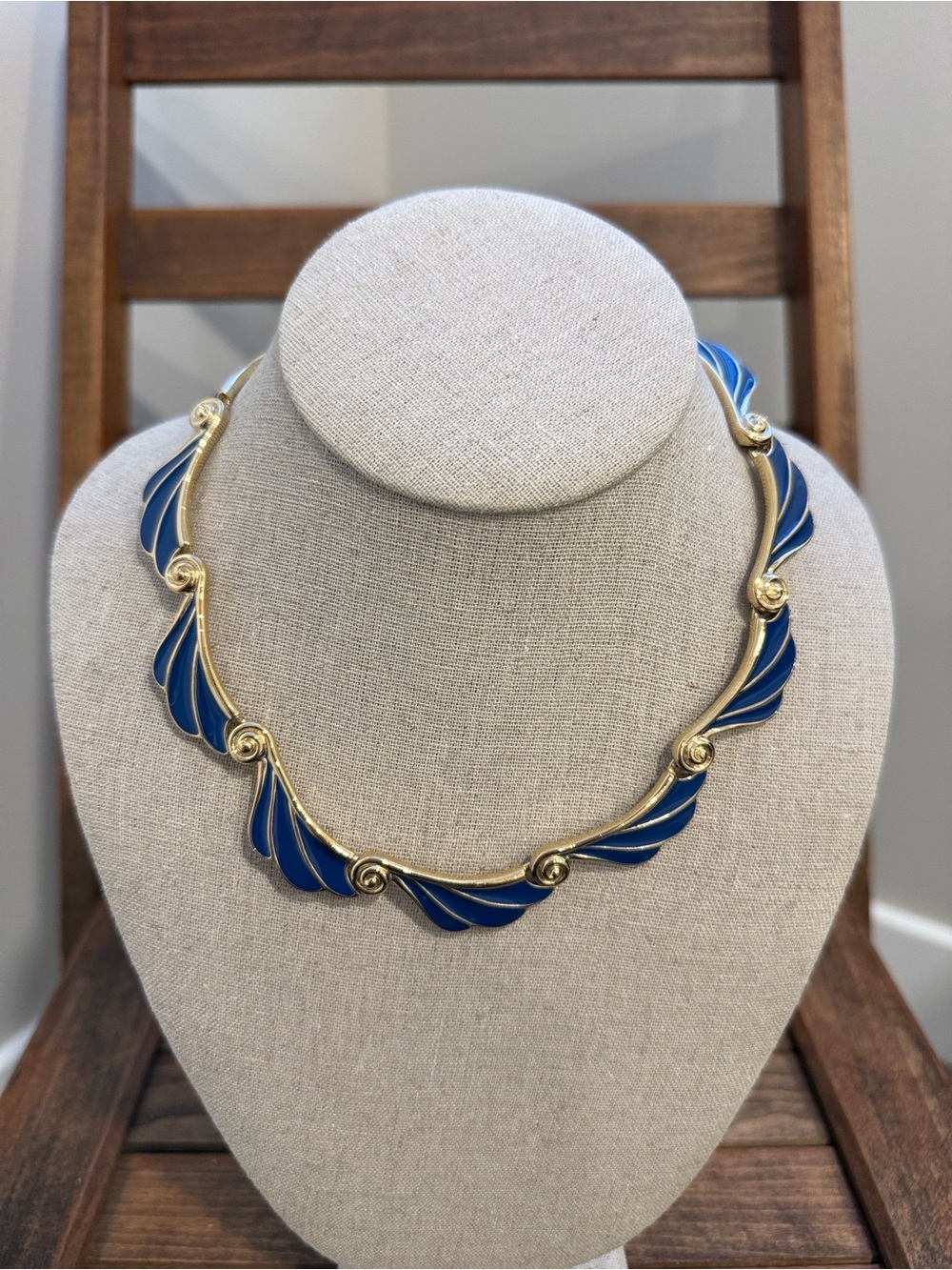 Vintage TRIFARI Blue Enamel Swirl Necklace Gold Tone Signed Designer Statement